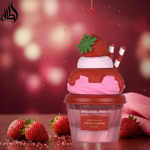 Lattafa Berry on Top Eau de Parfum spray in a velvet pouch, 75ml bottle with a sleek design and floral accents.