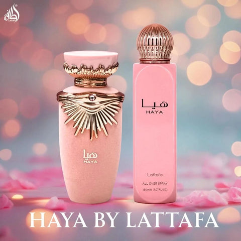 Lattafa Haya Eau de Parfum spray and all-over spray bundle, 100ml and 150ml bottles with elegant packaging and floral accents.