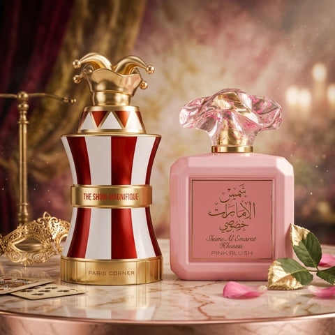 The Show Magnifique by Paris Corner & Pink Blush Shams Al Emarat Khususi by Ard Al Zaafaran Eau de Parfum Sprays 100ml (3.4 oz) (Bundle)