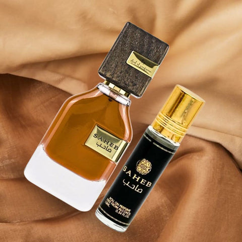 Ard Al Zaafaran Saheb Eau de Parfum spray and roll-on perfume bundle with 70ml spray and 10ml roll-on, elegant packaging.