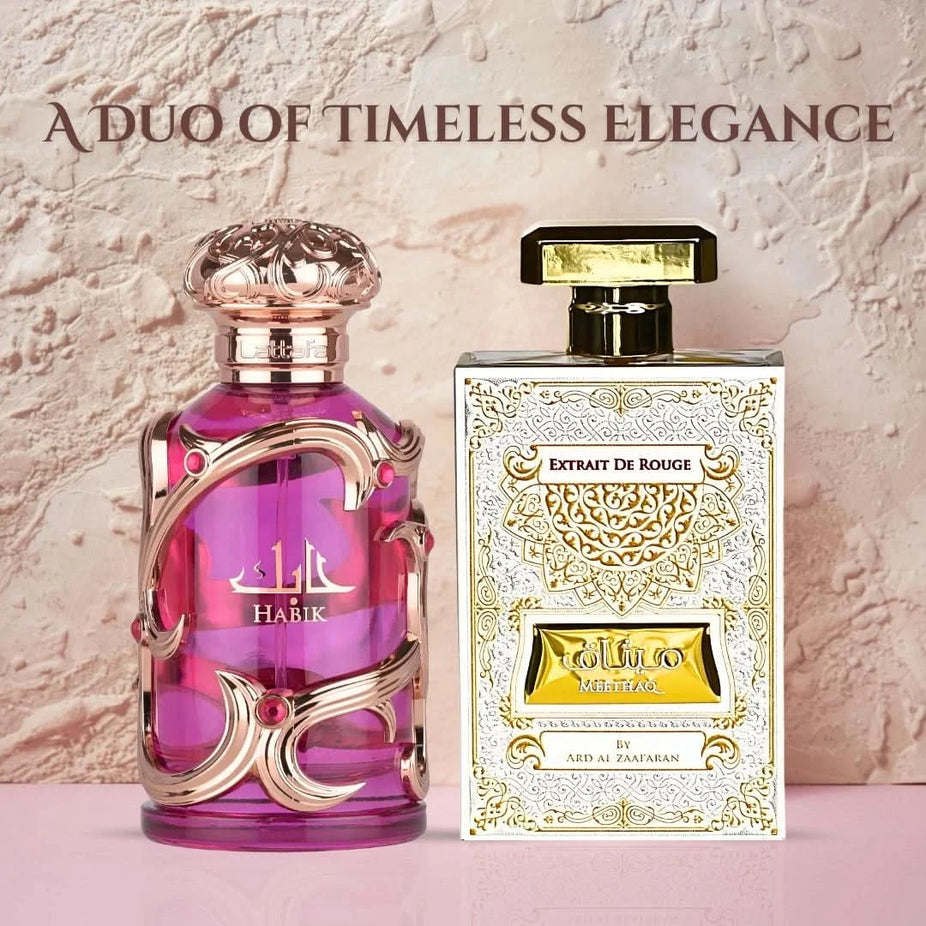 Bundle of Habik for Women by Lattafa and Extrait De Rouge by Ard Al Zaafaran, featuring two 100ml perfume bottles.