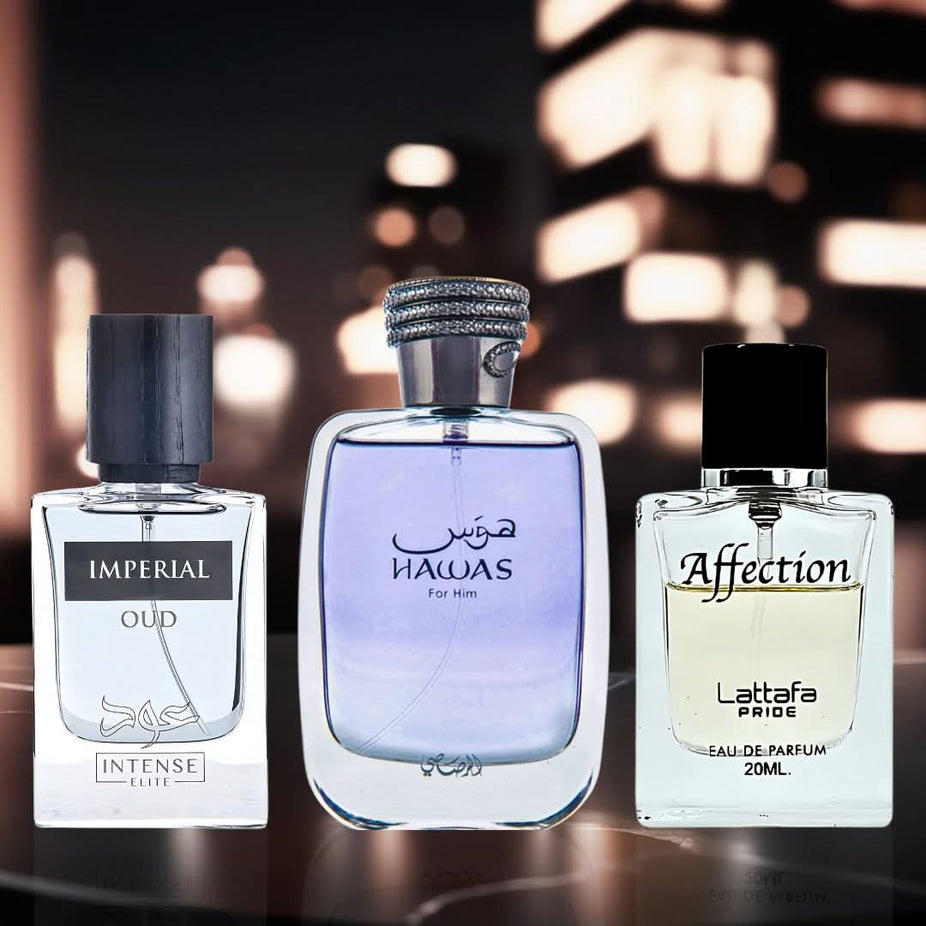 Bundle of three Eau de Parfum sprays including Hawas for Him by Rasasi, Imperial Oud by Intense Elite, and Affection by Lattafa Pride.