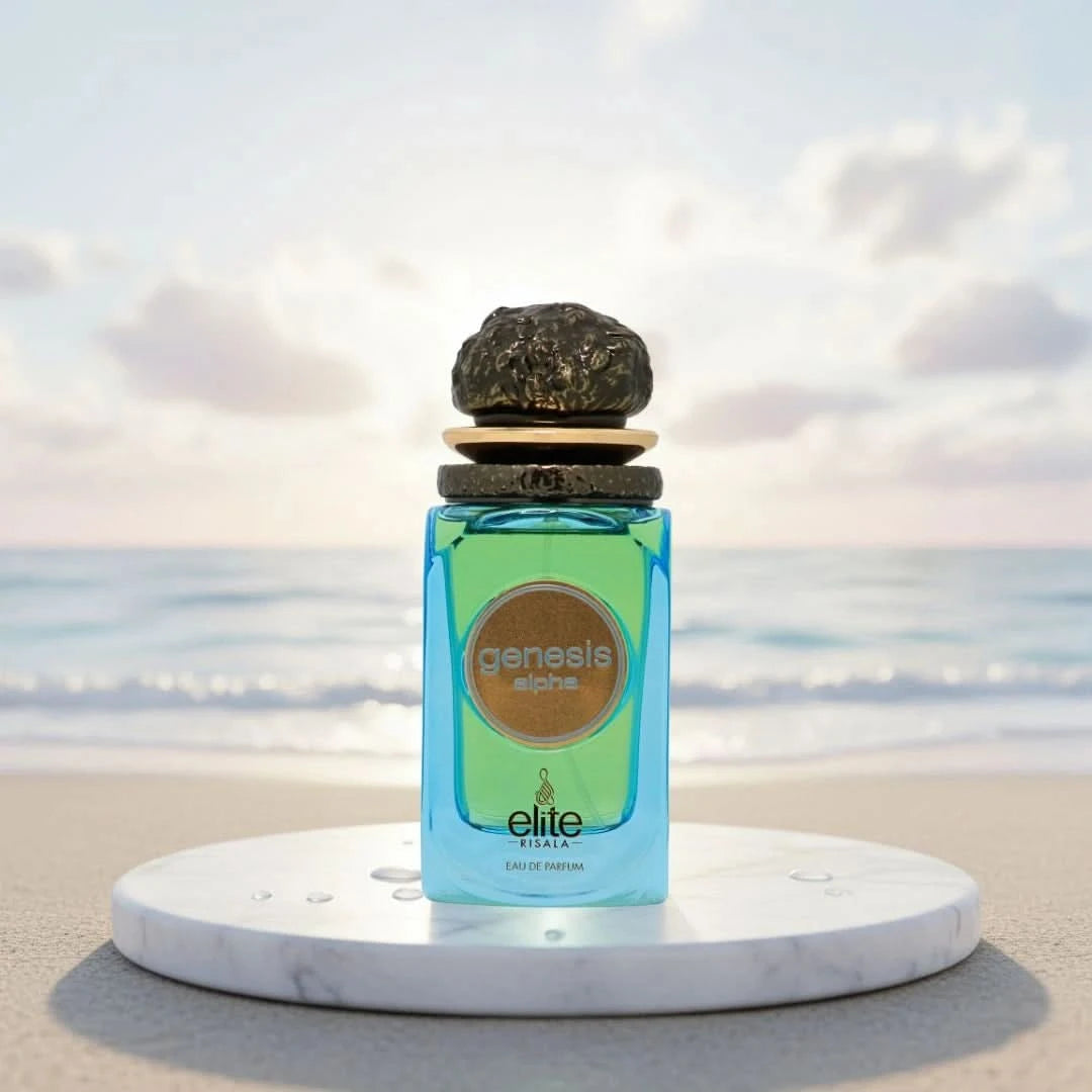 Elite Risala Genesis Alpha Eau de Parfum spray 100ml bottle with sleek design and elegant packaging.