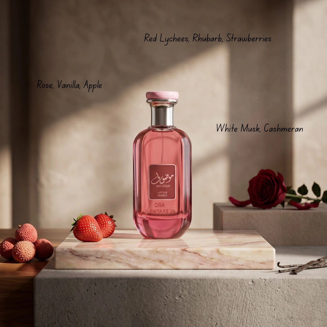 Set of seven Ard Al Zaafaran Mousuf Collection Eau de Parfum sprays including Mousuf, Mousuf Azure, Daisy, Wardi, and Ramadi in 100ml bottles