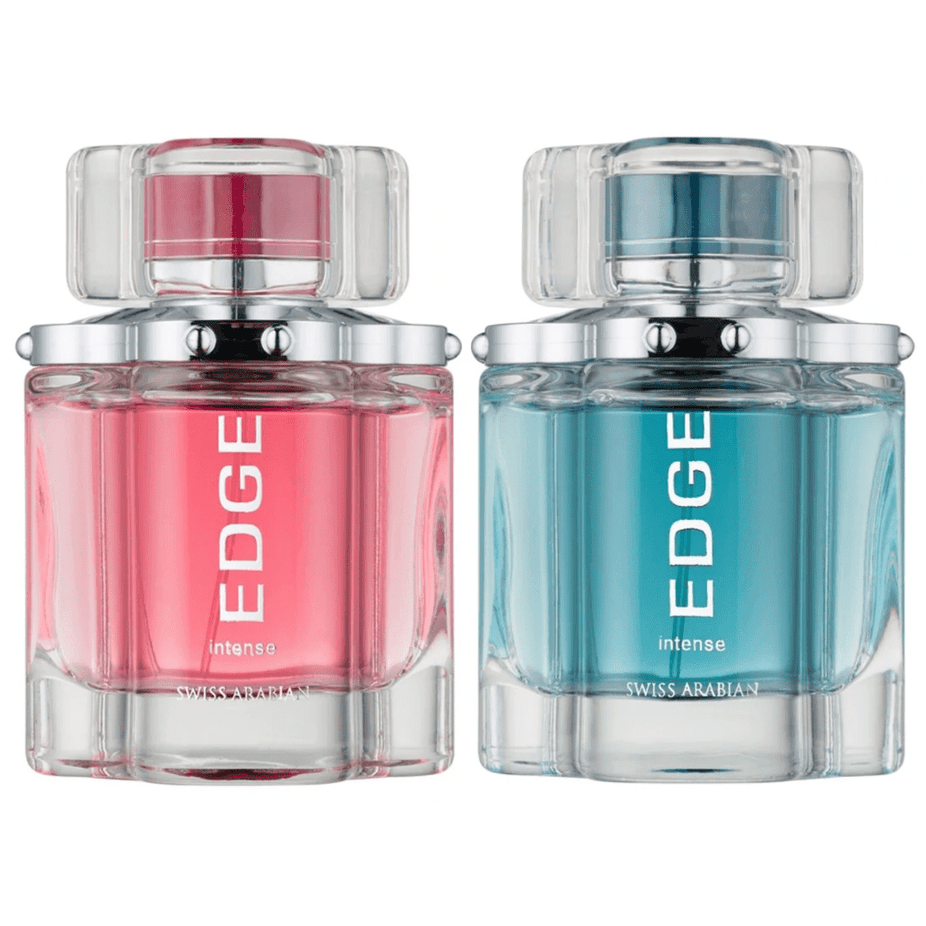 Swiss Arabian Edge Intense Eau De Parfum couple set for men and women, 100ml bottles, stylish packaging and labels.
