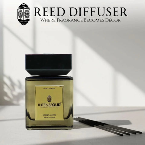 Intense Oud Amber Allure Reed Diffuser with 6 natural reed sticks in a refillable glass holder, fragrance lasts up to 90 days.