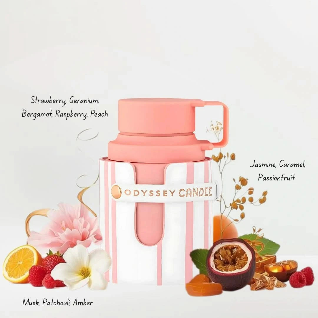 Bundle of Armaf Odyssey Marshmallow, Odyssey Dubai Chocolat, and Candee Eau de Parfum Spray 100ml bottles, featuring elegant perfume packaging.