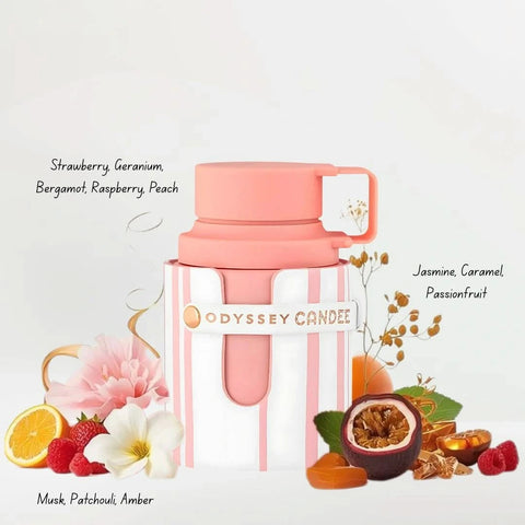 Bundle of Armaf Odyssey Marshmallow, Odyssey Dubai Chocolat, and Candee Eau de Parfum Spray 100ml bottles, featuring elegant perfume packaging.