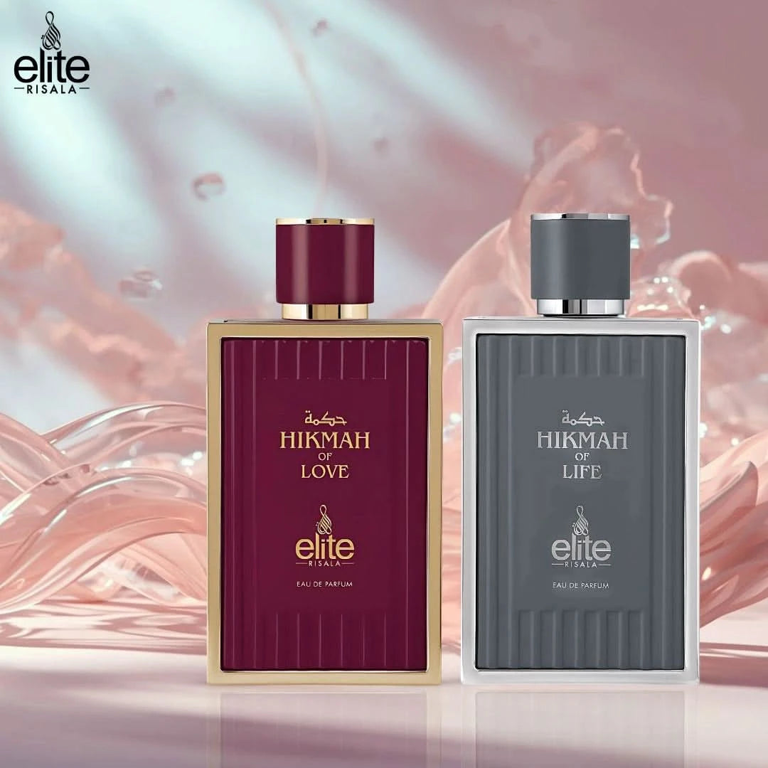 Elite Risala Hikmah of Love & Hikmah of Life perfume spray bundle, 100ml each, featuring elegant bottles with intricate designs.