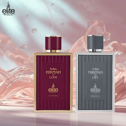 Elite Risala Hikmah of Love & Hikmah of Life perfume spray bundle, 100ml each, featuring elegant bottles with intricate designs.