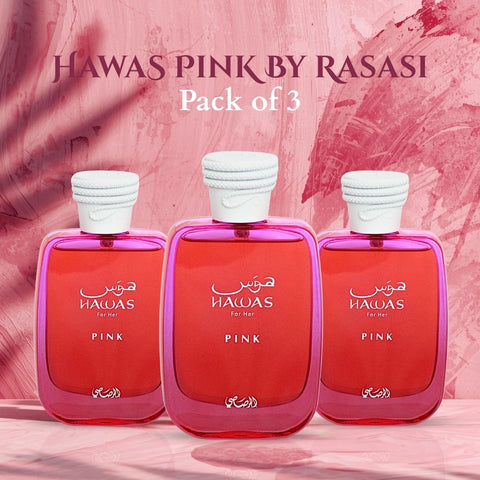 Hawas Pink for Her Eau de Parfum Spray 100ml (3.4 oz) by Rasasi (Pack of 3) - Intense Oud