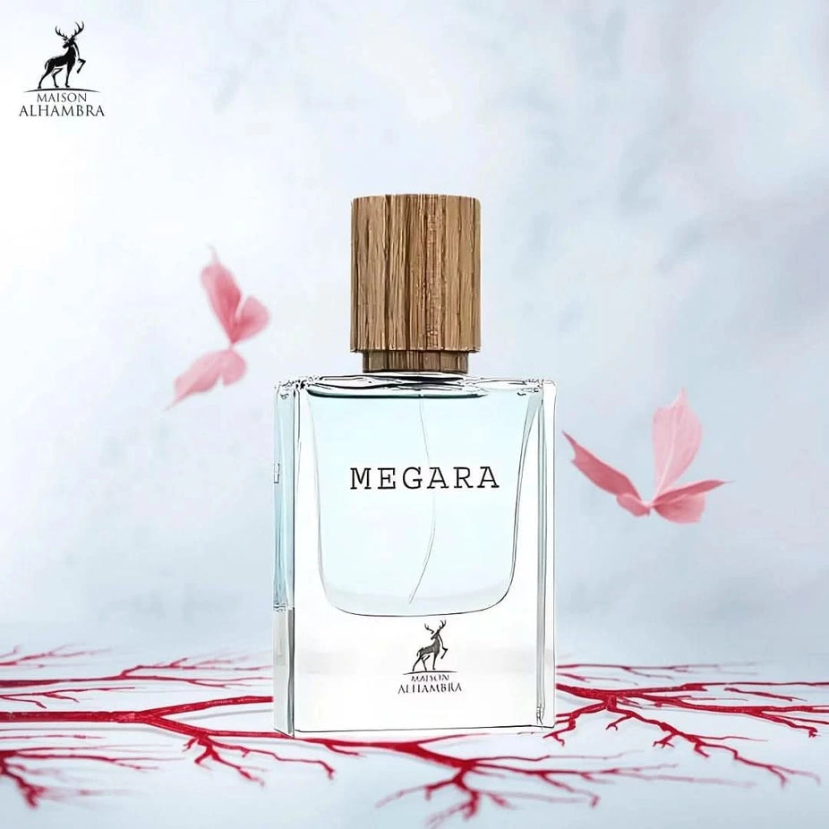 Maison Alhambra Megara Eau de Parfum spray 50ml bottle, elegant glass packaging with a sleek design and floral fragrance accents.