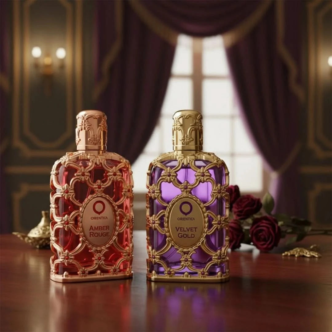 Orientica Amber Rouge & Velvet Gold Eau de Parfum sprays, 80ml, featuring elegant bottles and luxurious fragrance displays.