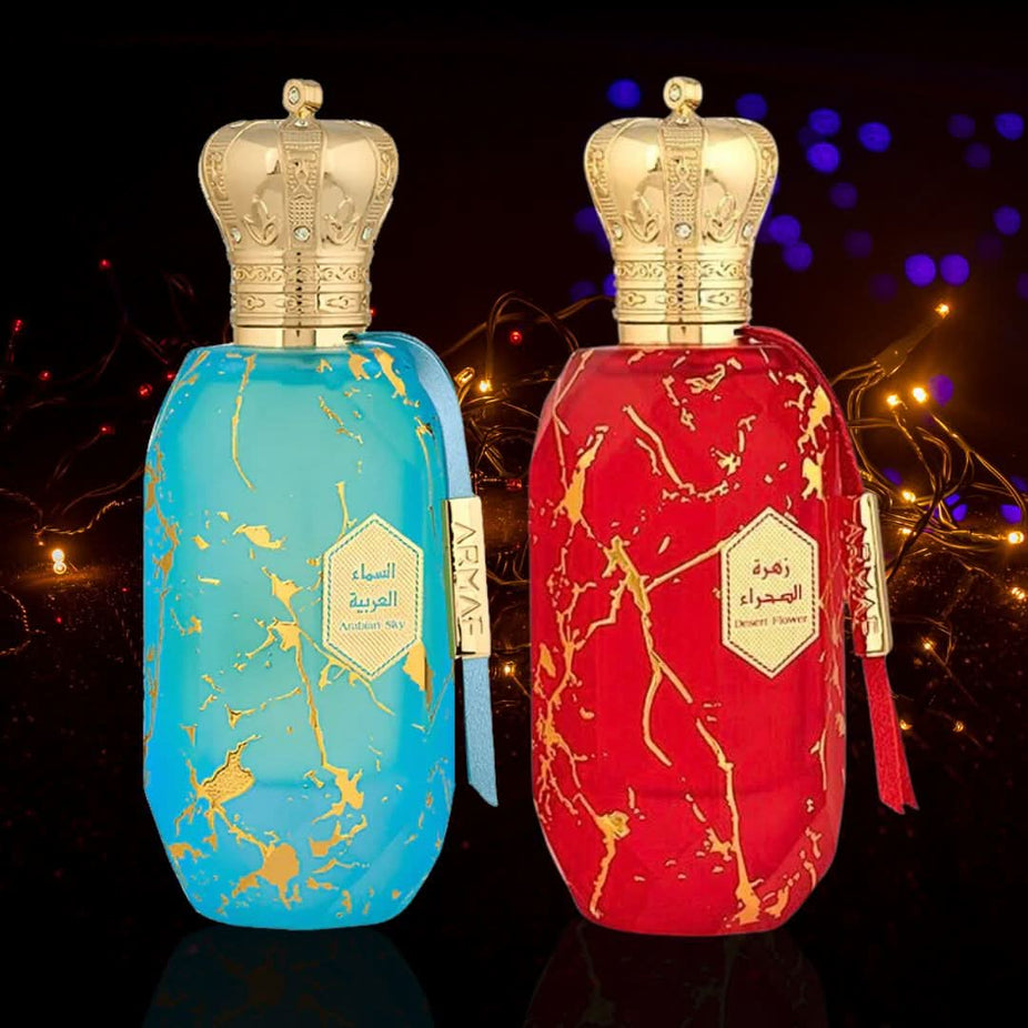 Armaf Eter Arabian Sky & Desert Flower Eau de Parfum bundle with two 100ml spray bottles, showcasing elegant perfume packaging.