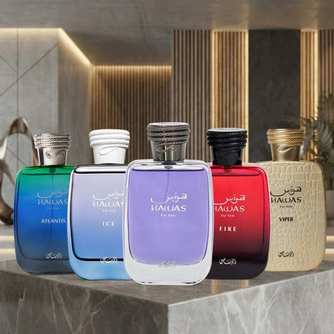 Rasasi Hawas, Ice, Fire, Viper, Atlantis Eau de Parfum sprays in 100ml bottles, displayed together in a bundle.