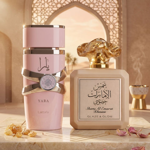 Yara Eau de Parfum Spray 100ml (3.4 oz) by Lattafa & Shams Al Emarat Khususi Glaze & Glow Eau de Parfum Spray 100ml (3.4 oz) by Ard Al Zaafaran (Bundle)