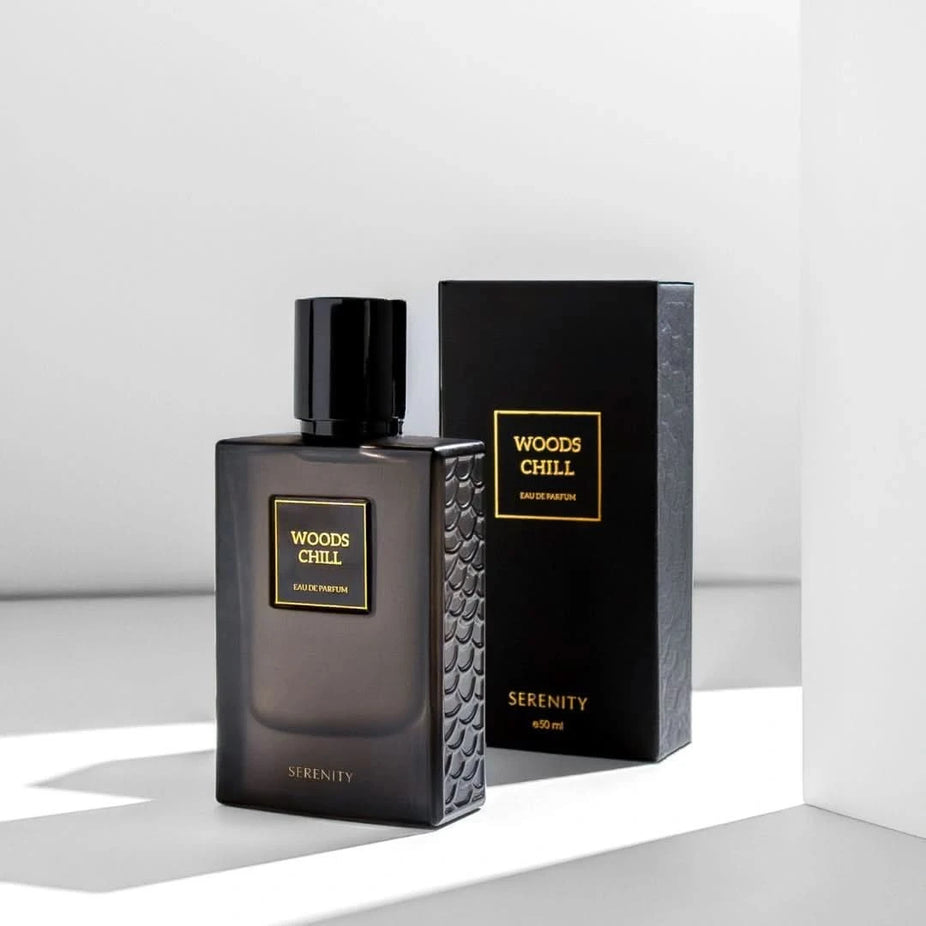 Serenity Woods Chill Eau de Parfum Spray 50ml with sleek glass bottle and minimalist label, showcasing elegant perfume packaging.