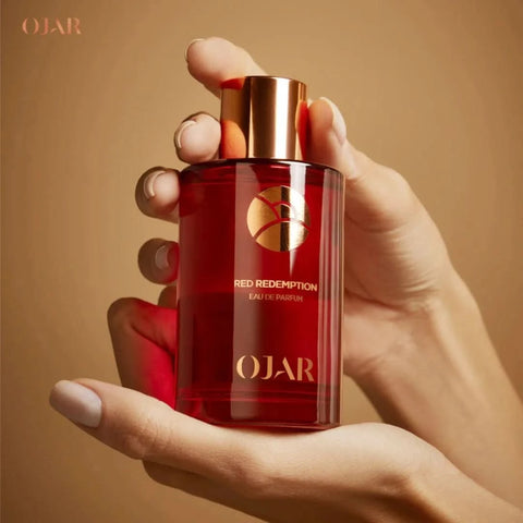 Red Redemption Eau de Parfum Spray by Ojar, 100ml bottle, featuring sleek red packaging and elegant design.