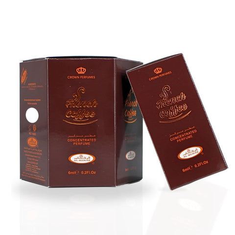 Set of six 6ml French Coffee perfume oils by Al Rehab, featuring small bottles with elegant packaging and fragrance labels.