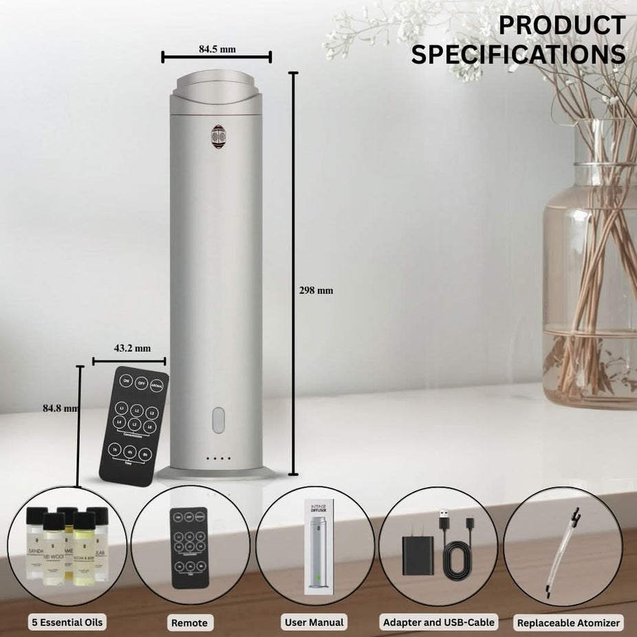 Intense Oud Silver Aromatherapy Diffuser with remote control, 120ml waterless diffuser, adjustable mist, timer, for home or office use.