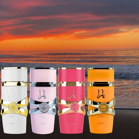 Lattafa Yara Eau de Parfum spray bundle featuring Yara, Yara Candy, Yara Moi, and Yara Tous 100ml bottles, elegant perfume collection.