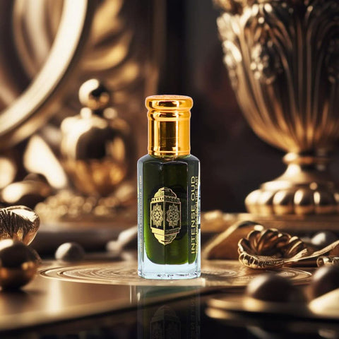 Jannet El Firdaus perfume oil in a 12ml glass vial with black gift box by Intense Oud, showcasing the luxurious loose oil design.