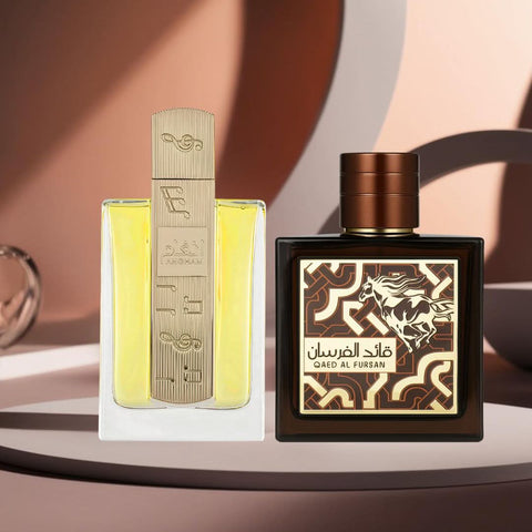 Lattafa Angham 100ml and Qaed Al Fursan Untamed 90ml Eau de Parfum spray bundle, featuring elegant glass bottles.