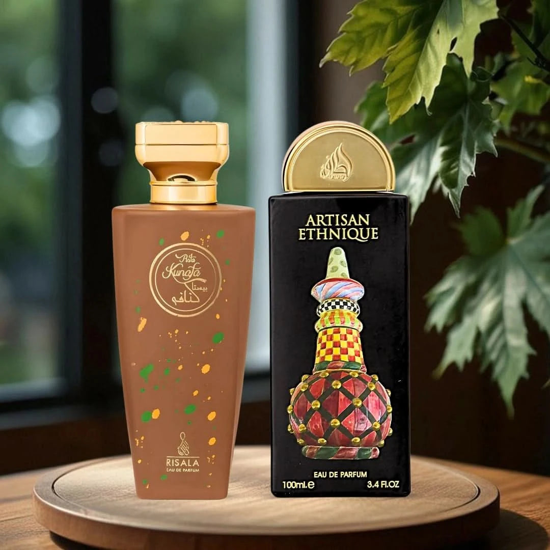 Bundle of Lattafa Pista Kunafa and Artisan Ethnique Eau de Parfum sprays, 100ml bottles with elegant packaging and branding.