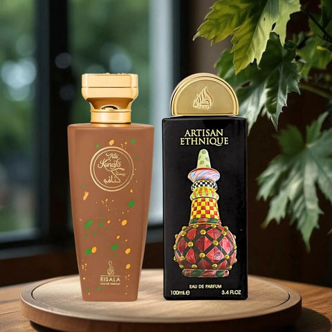 Bundle of Lattafa Pista Kunafa and Artisan Ethnique Eau de Parfum sprays, 100ml bottles with elegant packaging and branding.