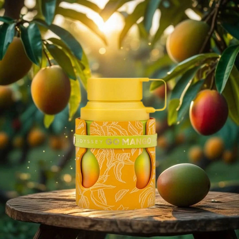 Odyssey Go Mango Tropical Collection Eau de Parfum spray by Armaf, 100ml, featuring a vibrant mango and tropical fragrance design.