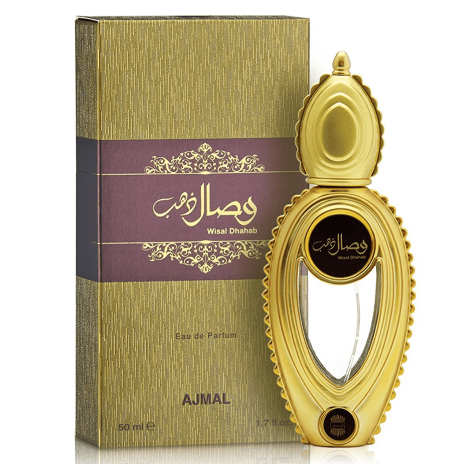 Wisal Dhahab Eau de Parfum spray by Ajmal, 50ml bottle with elegant design, showcasing the fragrance packaging.