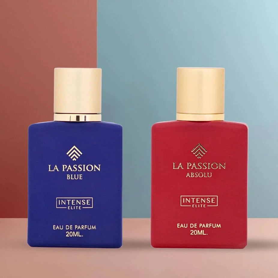 Bundle of two La Passion Blue and La Passion Absolu Eau de Parfum sprays by Intense Elite, 20ml each, in sleek bottles.