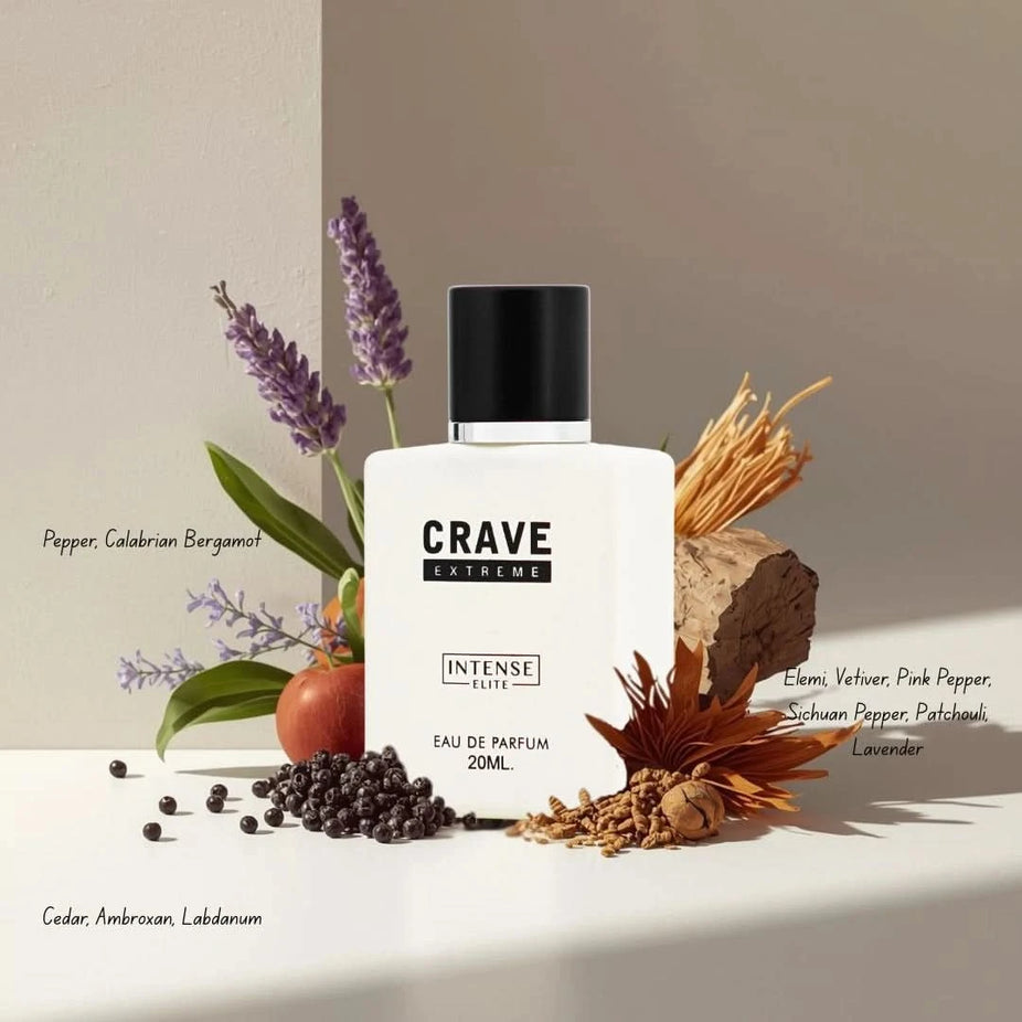 Bundle of three 20ml Intense Elite Eau de Parfum sprays: La Passion Blue, La Passion Absolu, and Crave Extreme.