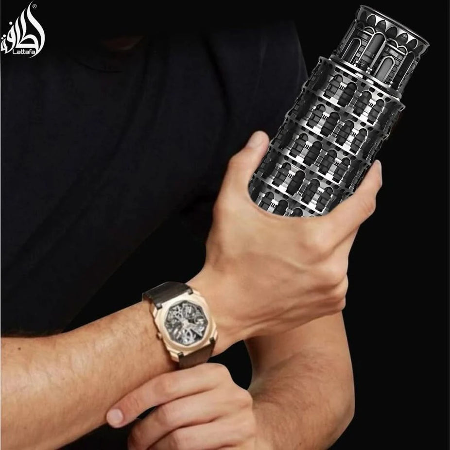 Lattafa Pisa Eau de Parfum Spray 100ml bottle with elegant packaging and a sleek, modern design.