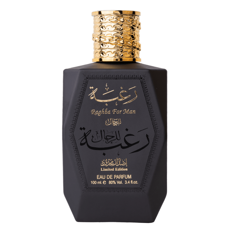 Lattafa Raghba for Men Eau de Parfum spray and deodorant, 100ml, featuring sleek bottle and packaging.