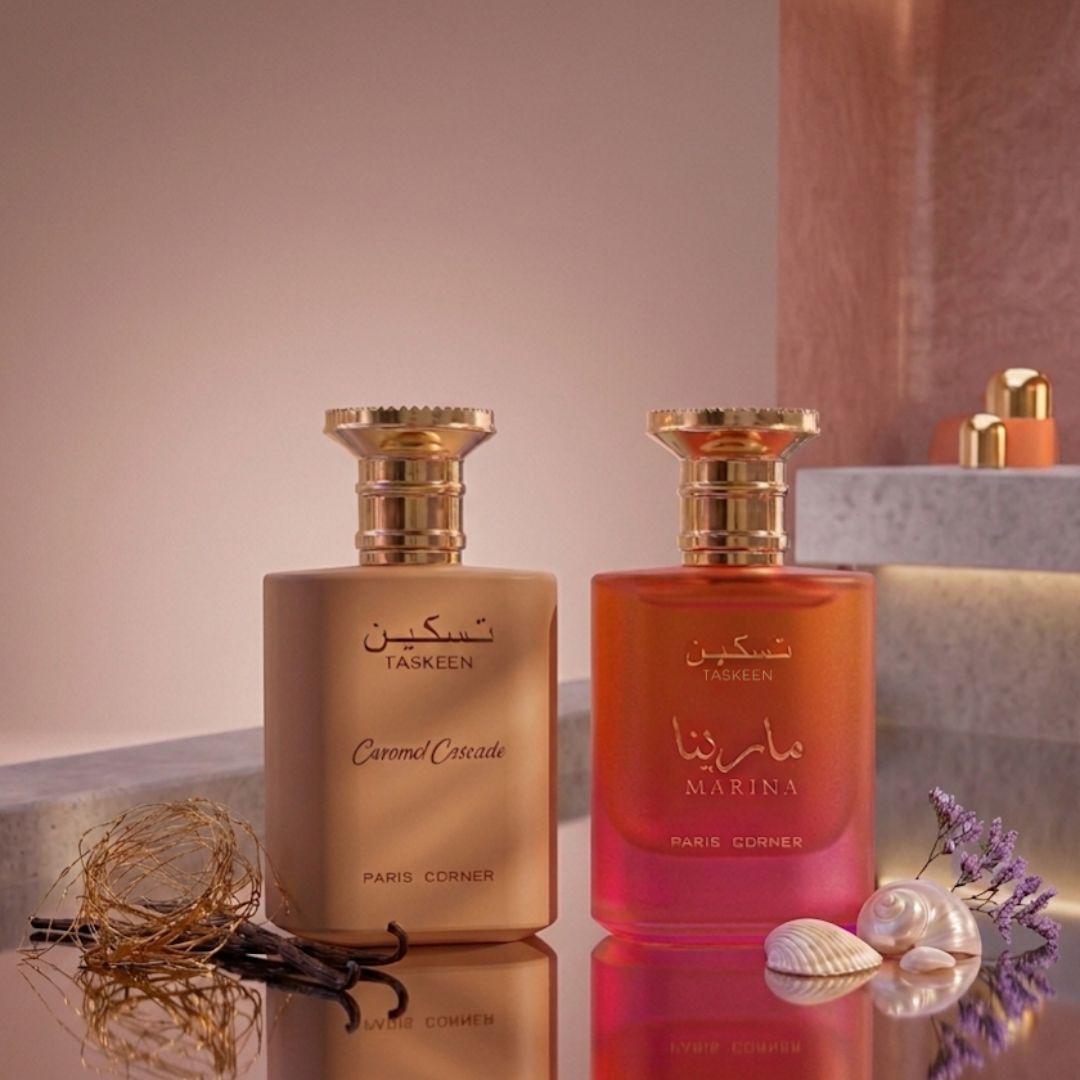 Bundle of Paris Corner Taskeen Caramel Cascade and Marina Eau de Parfum sprays, 100ml each, featuring elegant perfume bottles.