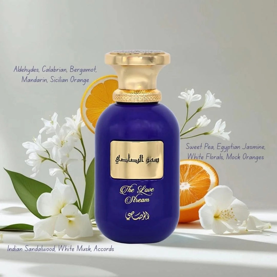 Rasasi Somow Al Rasasi The Love Stream Eau de Parfum spray bottle, 100ml, with elegant packaging and fragrance details visible.