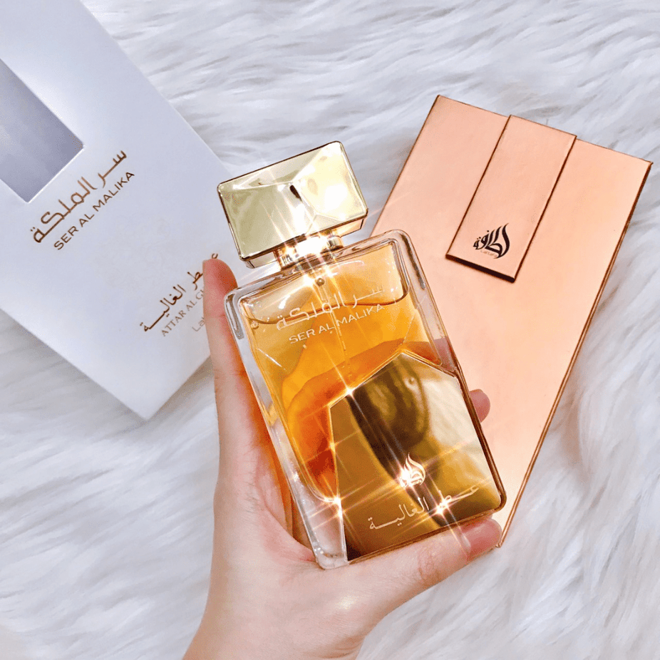 Lattafa Ser Al Malika Attar Al Ghalia EDP Eau De Parfum 100ML bottle with elegant packaging and gold accents.