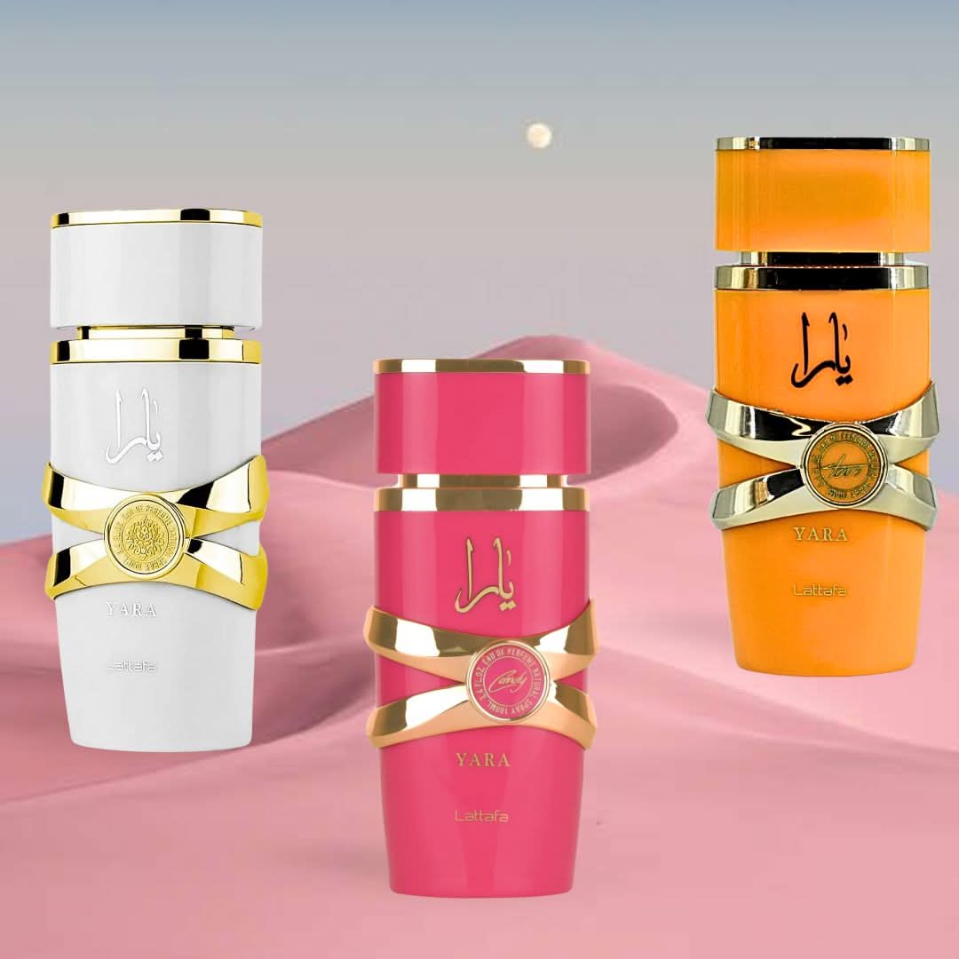 Lattafa Yara Candy, Yara Moi & Yara Tous Eau de Parfum spray bundle, 100ml bottles, featuring colorful packaging and elegant design