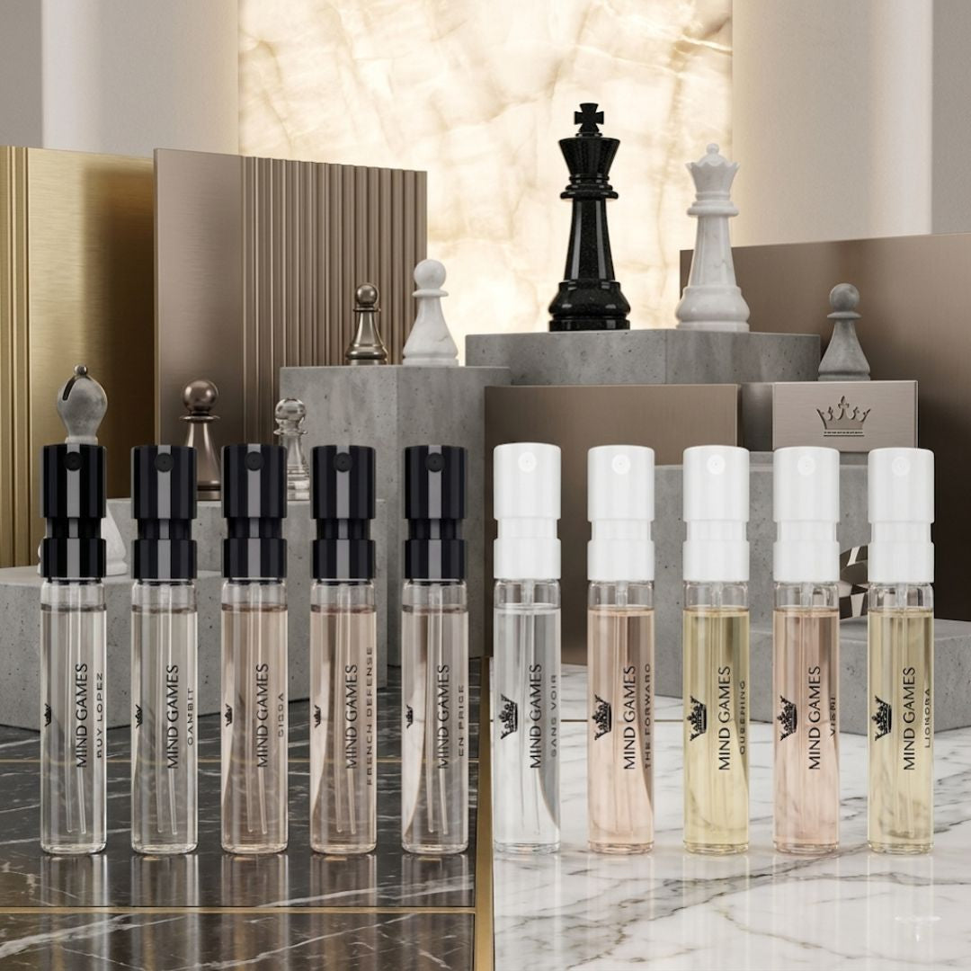 Mind Games Soulmate Collection 10-piece sample set with ten 2ml bottles, featuring a variety of scents in a sleek display scene.