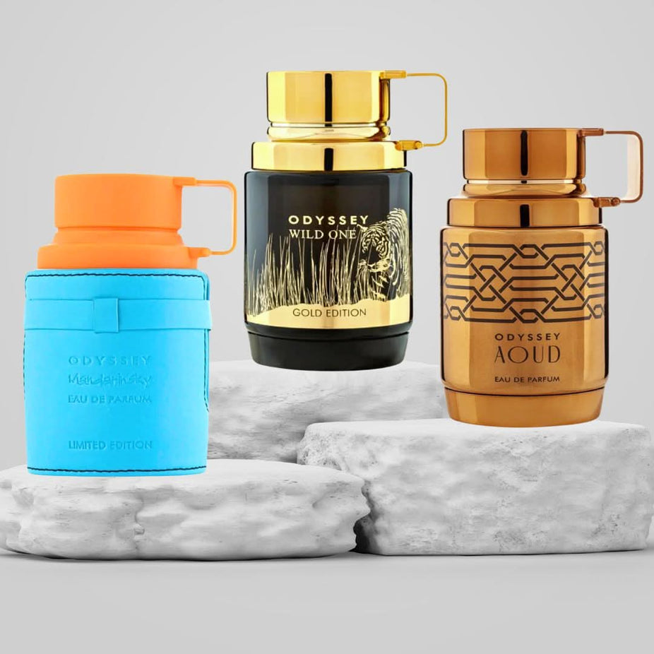 Armaf Odyssey Mandarin Sky, Aoud Edition & Wild One Gold Eau de Parfum collection, 100ml spray bottles in a bundle.