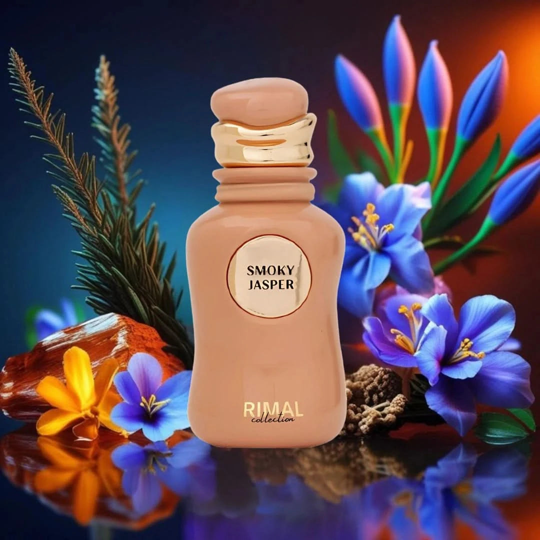 Smoky Jasper Eau de Parfum Spray by Rimal Collection in 100ml bottle, featuring a dark, smoky glass design and elegant packaging.