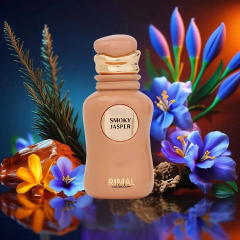 Smoky Jasper Eau de Parfum Spray by Rimal Collection in 100ml bottle, featuring a dark, smoky glass design and elegant packaging.