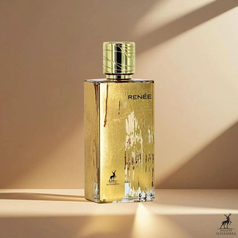Maison Alhambra Renee Carmine Eau de Parfum spray 100ml with velvet pouch, elegant perfume bottle and floral design.