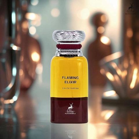Flaming Elixir Eau de Parfum spray by Maison Alhambra in 80ml bottle, showcasing the elegant glass packaging and fiery design.