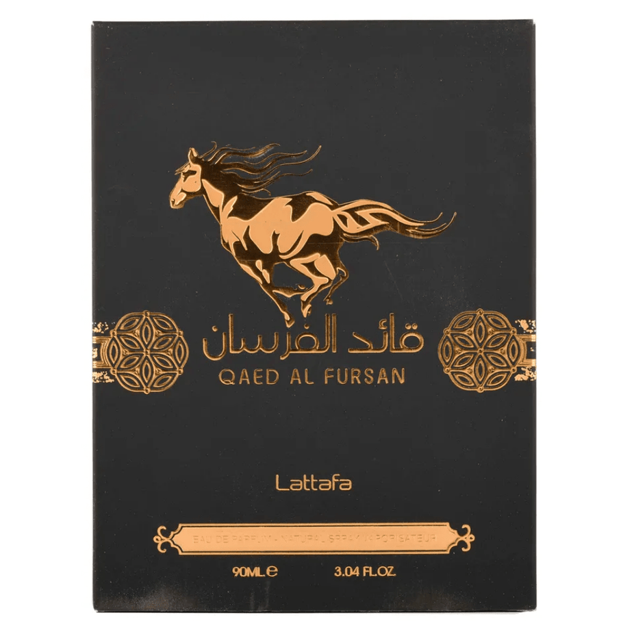 Qaed Al Fursan Eau de Parfum spray by Lattafa, 90ml bottle, elegant design, showcasing the perfume bottle with a dark-colored cap.