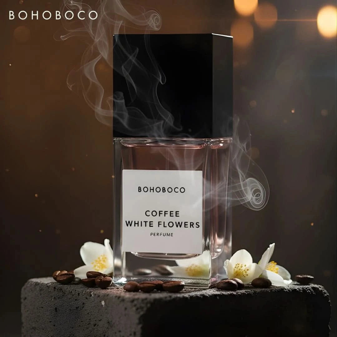 Bohoboco Coffee White Flowers Eau de Parfum spray bottle with floral design, 50ml (1.7 fl oz) for women.