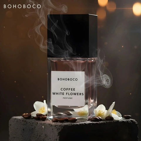 Bohoboco Coffee White Flowers Eau de Parfum spray bottle with floral design, 50ml (1.7 fl oz) for women.