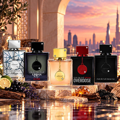 Armaf Club de Nuit Intense men EDT, Sillage, Overdose, women & urban man EDP spray bundle, 105ml each, in colorful bottles.