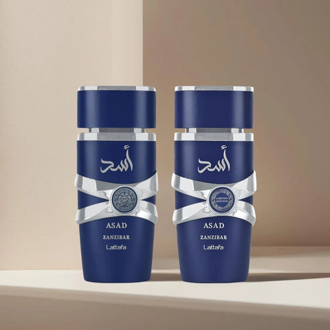 Asad Zanzibar & Asad Zanzibar Limited Edition Eau de Parfum Sprays 100ml (3.4oz) by Lattafa | The Spirit of Exotic Adventure (Bundle) - Intense Oud